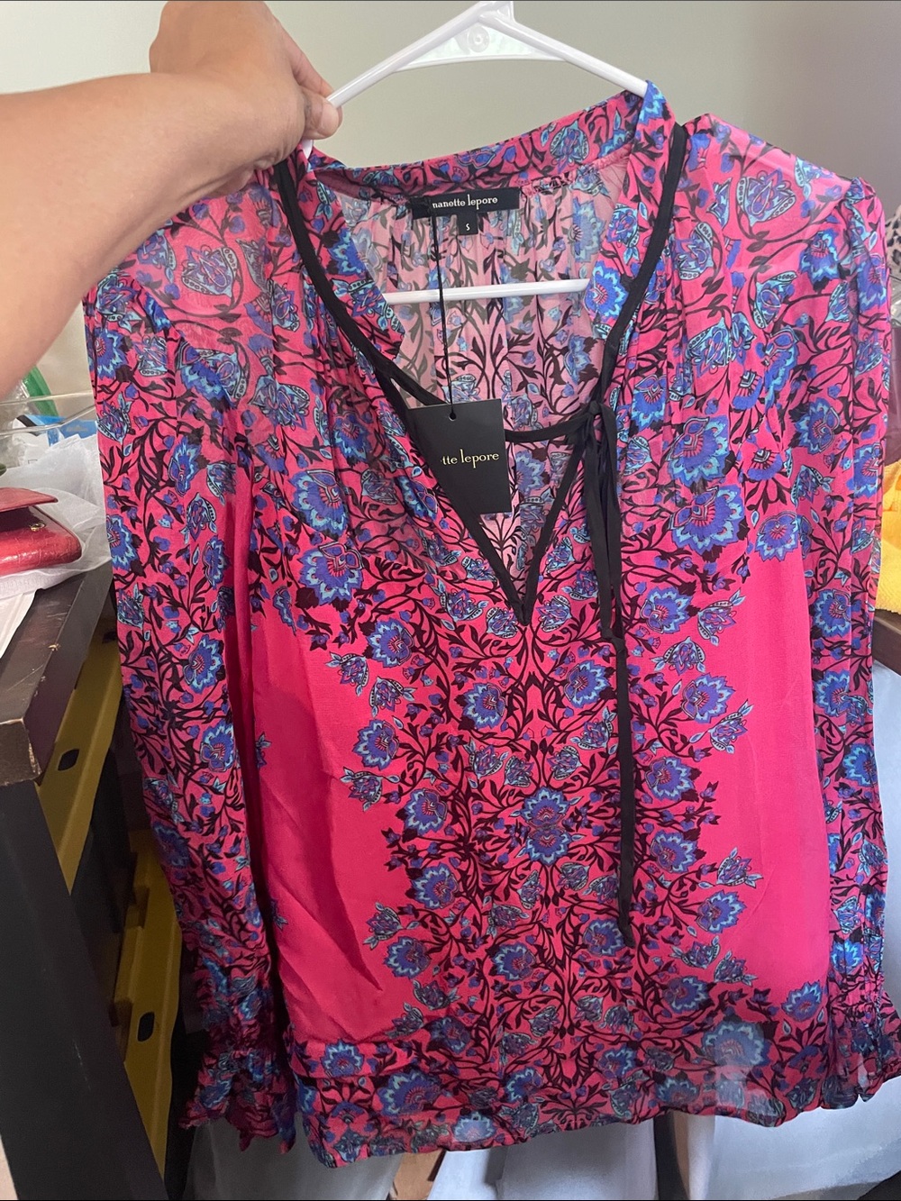 Nanette Lepore Coral and Blue Funky Floral Top